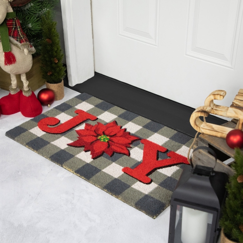 Gray and Red Poinsettia "Joy" Christmas Natural Coir Outdoor Doormat 18" x 30"