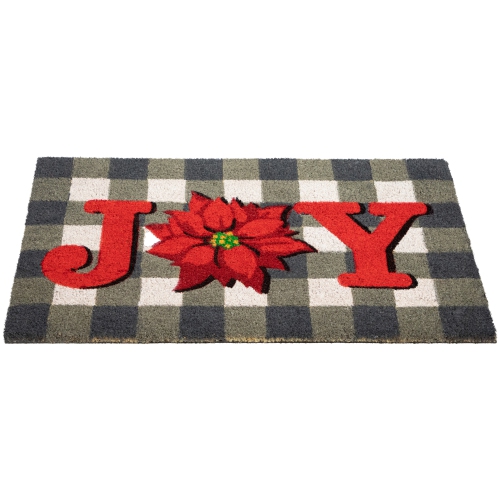 Gray and Red Poinsettia "Joy" Christmas Natural Coir Outdoor Doormat 18" x 30"