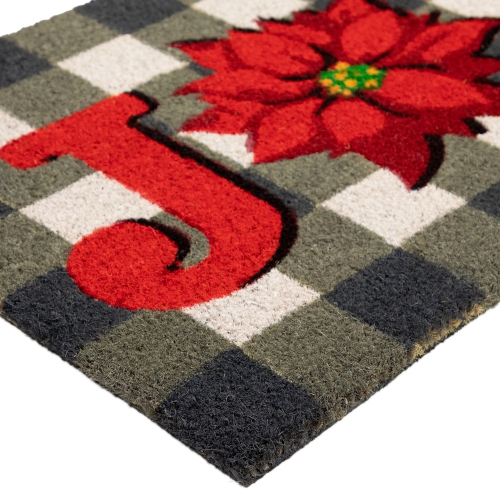 Gray and Red Poinsettia "Joy" Christmas Natural Coir Outdoor Doormat 18" x 30"