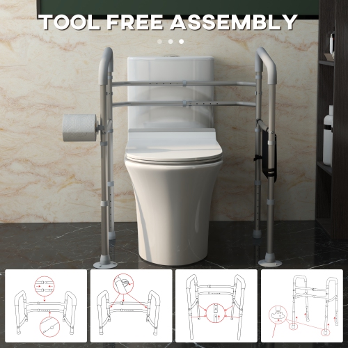 HOMCOM Stand Alone Toilet Safety Frame, Toilet Rails with Adjustable Height Width, 300lb Grab Bar with Suction Cups, Storage, Padded Handles for