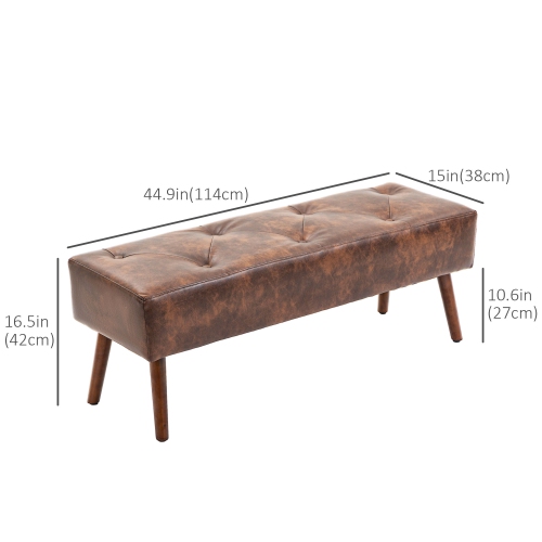 HOMCOM PU Leather Upholstered End of Bed Bench, 45" Bedroom Entryway Bench with Button Tufted Design and Wood Legs for Dining Room, Brown