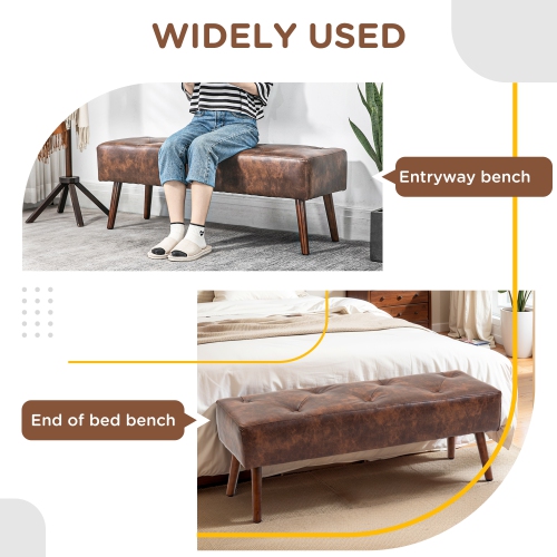 HOMCOM PU Leather Upholstered End of Bed Bench, 45" Bedroom Entryway Bench with Button Tufted Design and Wood Legs for Dining Room, Brown
