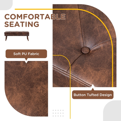 HOMCOM PU Leather Upholstered End of Bed Bench, 45" Bedroom Entryway Bench with Button Tufted Design and Wood Legs for Dining Room, Brown