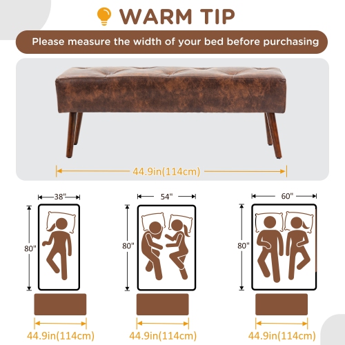 HOMCOM PU Leather Upholstered End of Bed Bench, 45" Bedroom Entryway Bench with Button Tufted Design and Wood Legs for Dining Room, Brown