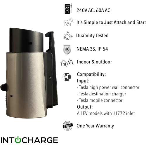 IntoCharge – Adaptateur de chargement Tesla à SAE J1772 | 60 a/240&nbsp;V AC | ajustement optimal | Configuration facile | Argent | compatible avec