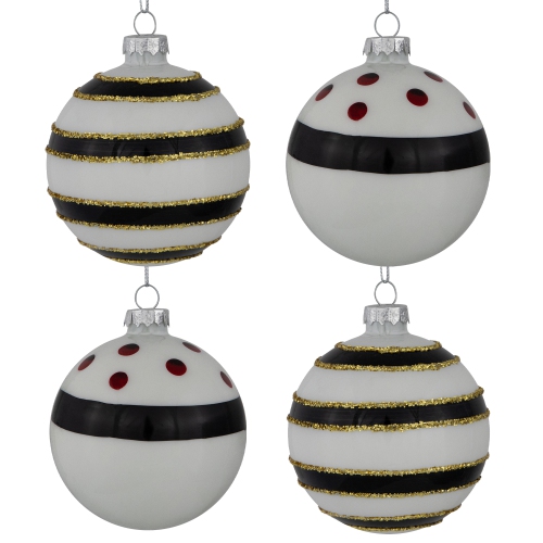 Shiny Finish Striped Christmas Glass Ball Ornaments - 3" - White and Black - Set of 4