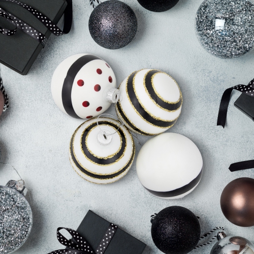 Shiny Finish Striped Christmas Glass Ball Ornaments - 3" - White and Black - Set of 4