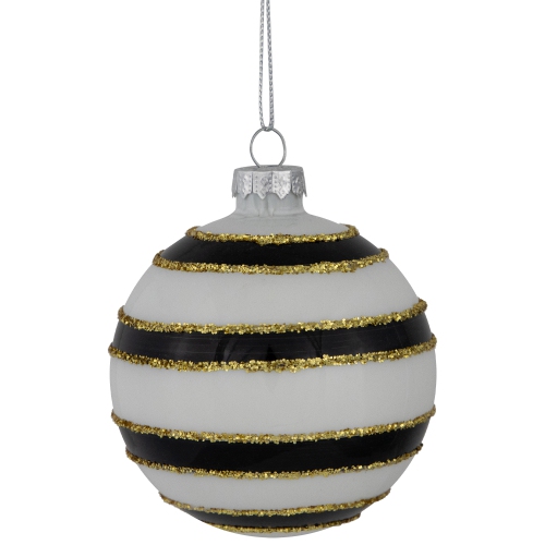 Shiny Finish Striped Christmas Glass Ball Ornaments - 3" - White and Black - Set of 4