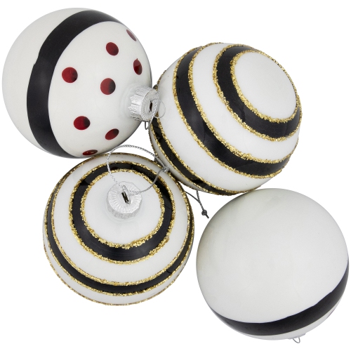 Shiny Finish Striped Christmas Glass Ball Ornaments - 3" - White and Black - Set of 4
