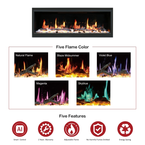 2025 New Litedeer Homes Latitude 55-inch Built-in Smart Electric Fireplace with Multi-Flame LED, Driftwood Logs & River Rocks, WiFi/App-Control,