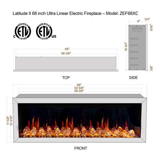 2025 New Litedeer Homes Latitude II 68" Smart Wall Mount Electric Fireplace with App Crushed Ice Rocks & Remote - ZEF68XC