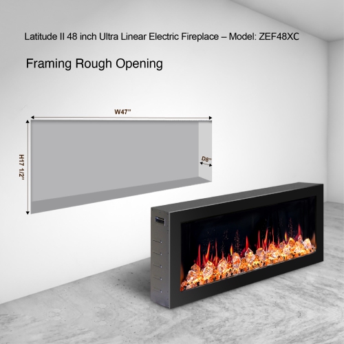 2025 New Litedeer Homes LatitudeII48-Inch Wall Mounted Smart Electric Fireplace with 3-Inch Trim , Multi-Flame LED, Crushed Ice Rocks,