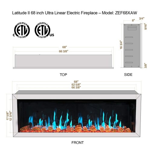 Litedeer Homes Gloira II 68" Smart Electric Fireplace with App, Crackling Fire Sounds, Reflective Amber Glass, White - ZEF68XAW
