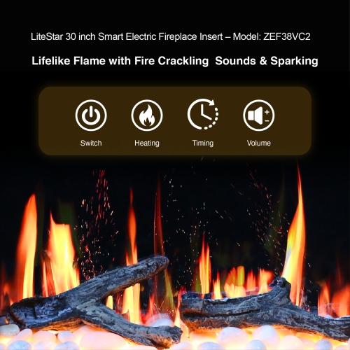 2025 New LiteStar 30-inch Wall Mounted Smart Electric Fireplace Insert with Crackling Sounds, Multi-Flame Style, Fireplace App Driftwood Log & River