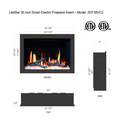 2025 New LiteStar 30-inch Wall Mounted Smart Electric Fireplace Insert with Crackling Sounds, Multi-Flame Style, Fireplace App Driftwood Log & River