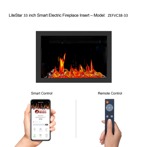 Litedeer Homes LiteStar 33" Smart Electric Fireplace with App, Crackling Fire Sounds, Reflective Amber Glass, Black - ZEF38VC-33A
