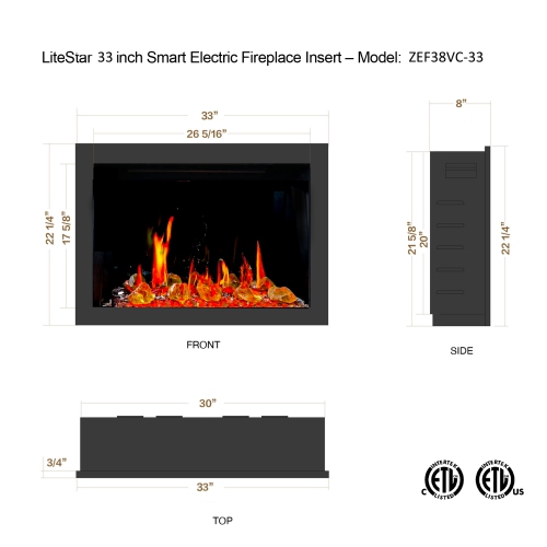 Litedeer Homes LiteStar 33" Smart Electric Fireplace with App, Crackling Fire Sounds, Reflective Amber Glass, Black - ZEF38VC-33A