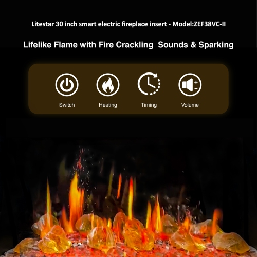 2025 New LiteStar 30 inch Wall Mounted Smart Electric Fireplace Insert with Crackling Sounds App Reflective Amber Glass (2025 New Version)