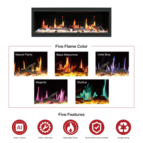 2025 NewLitedeer Homes Latitude 45" Ultra-Slim Smart Electric Fireplace – Multi-Flame LED, Driftwood Logs & River Rocks, WiFi/App-Control,