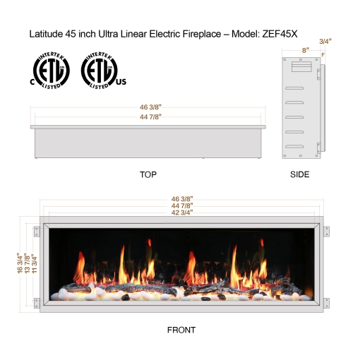 2025 NewLitedeer Homes Latitude 45" Ultra-Slim Smart Electric Fireplace – Multi-Flame LED, Driftwood Logs & River Rocks, WiFi/App-Control,