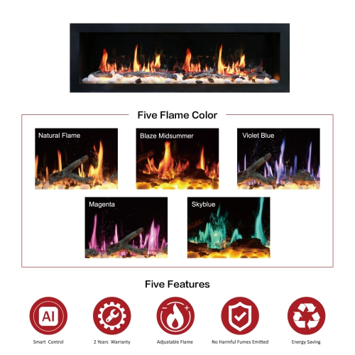 2025 New Litedeer Homes Latitude II 58 inch Wall Mount Smart Electric Fireplace with Multi-flame, Crackling Sounds, Driftwood Logs & River Rocks -