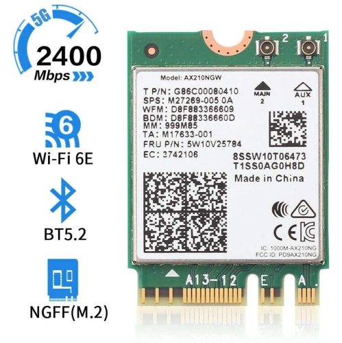 Carte Wi-Fi IntAX210NGW, carte Wi-Fi sans fil 6E AX210NGW M.2 2230 BT5,2 802,11ax 160&nbsp;MHz tribande 2x2 MU-MIMO AX210 3000&nbsp;Mb/s NGFF, prise
