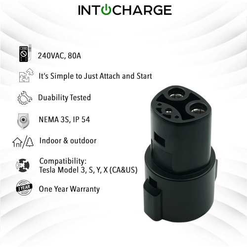 IntoCharge – Adaptateur de chargement SAE J1772 à Tesla |19,2kW / 80 amp / 240VAC | ajustement optimal et configuration facile | compatible avec tous