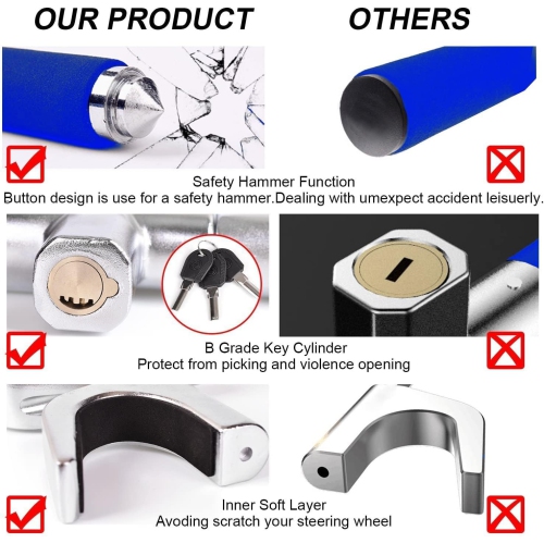 Steering Wheel Lock for Cars,Wheel Lock,Vehicle Anti-Theft Lock,Adjustable Length Clamp Double Hook Universal Fit Emergency Hammer Window Breaker