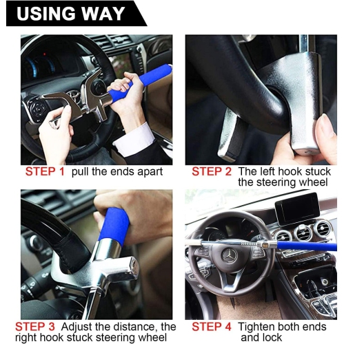 Steering Wheel Lock for Cars,Wheel Lock,Vehicle Anti-Theft Lock,Adjustable Length Clamp Double Hook Universal Fit Emergency Hammer Window Breaker