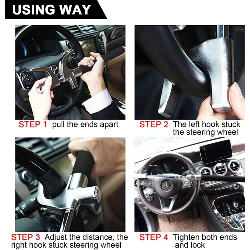 Steering Wheel Lock for Cars,Wheel Lock,Vehicle Anti-Theft Lock,Adjustable Length Clamp Double Hook Universal Fit Emergency Hammer Window Breaker