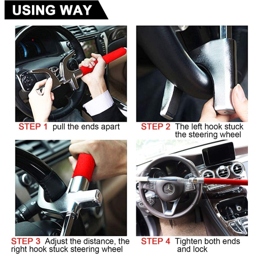 Steering Wheel Lock for Cars,Wheel Lock,Vehicle Anti-Theft Lock,Adjustable Length Clamp Double Hook Universal Fit Emergency Hammer Window Breaker