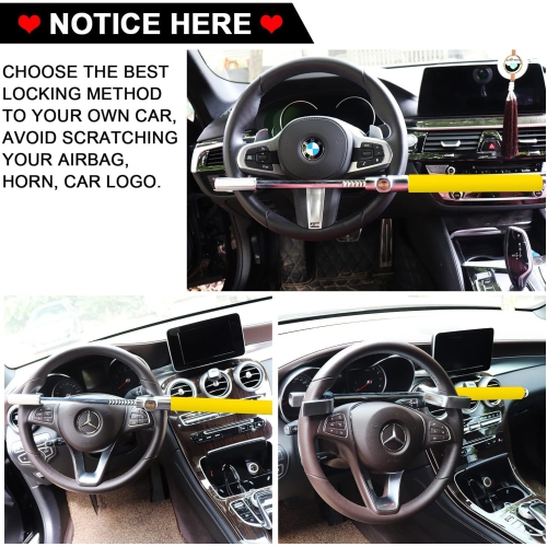 Steering Wheel Lock for Cars,Wheel Lock,Vehicle Anti-Theft Lock,Adjustable Length Clamp Double Hook Universal Fit Emergency Hammer Window Breaker