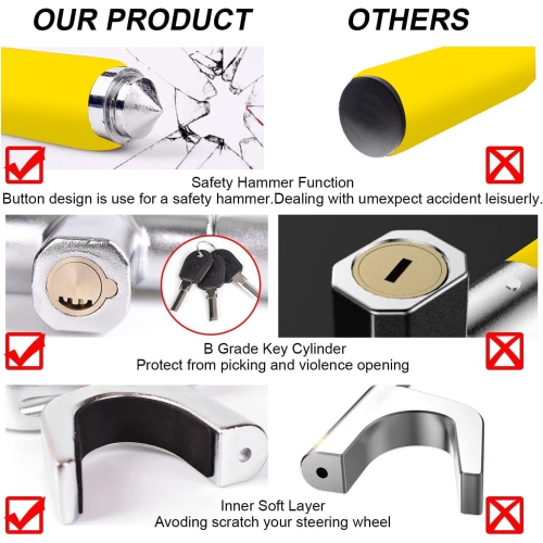 Steering Wheel Lock for Cars,Wheel Lock,Vehicle Anti-Theft Lock,Adjustable Length Clamp Double Hook Universal Fit Emergency Hammer Window Breaker
