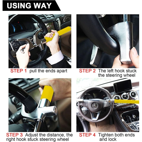 Steering Wheel Lock for Cars,Wheel Lock,Vehicle Anti-Theft Lock,Adjustable Length Clamp Double Hook Universal Fit Emergency Hammer Window Breaker