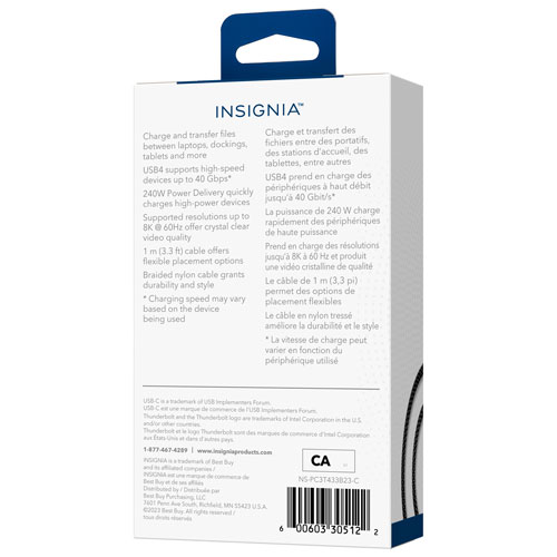 Insignia 1m Braided Thunderbolt 4 USB-C to USB-C Cable (NS-PC3T433B23-C) - Black