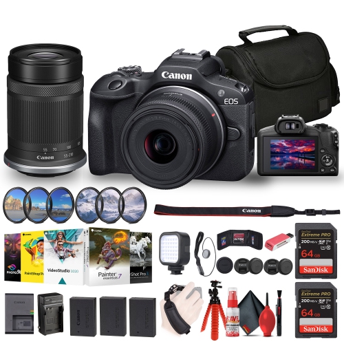 CANON  Eos R100 Mirrorless Camera \w 18-45MM And 55-210MM Lenses Kit (6052C022) + Filter Kit + Corel Photo Software + Bag + 2 X 64GB Card + 2 X Lpe17
