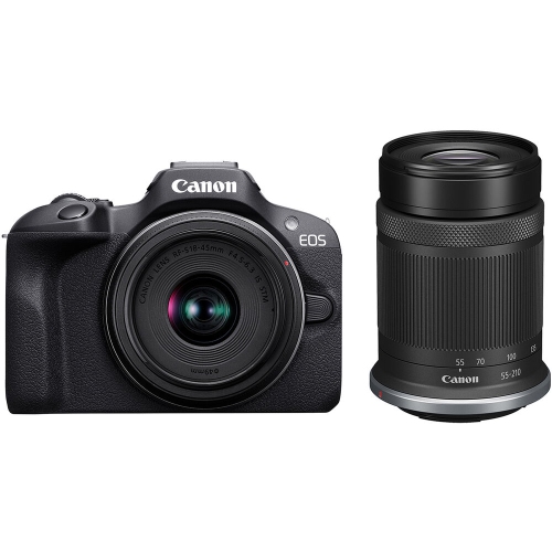 Canon EOS R100 Mirrorless Camera with 18-45mm and 55-210mm Lenses Kit + Bag + 64GB Card + LPE17 Battery + Charger + Card Reader + Flex Tripod + More