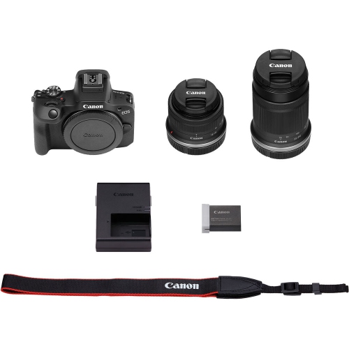 Canon EOS R100 Mirrorless Camera with 18-45mm and 55-210mm Lenses Kit + Bag + 64GB Card + LPE17 Battery + Charger + Card Reader + Flex Tripod + More