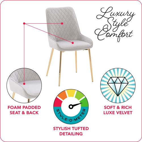 CorLiving Nash Velvet Diamond Tufted Side Chair, Light Grey