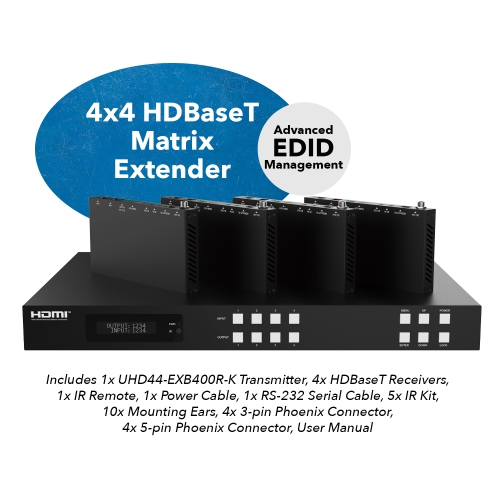 4x4 HDMI Extender With HDBaseT Over CAT5e/6/7 Upto 400 Ft - IR Control & EDID Management