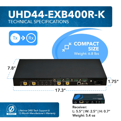4x4 HDMI Extender With HDBaseT Over CAT5e/6/7 Upto 400 Ft - IR Control & EDID Management