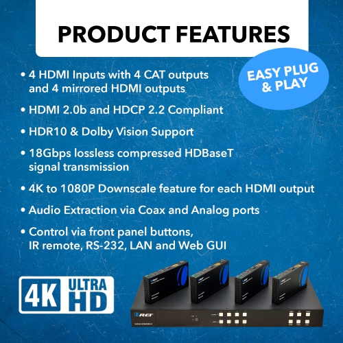 4x4 HDMI Extender With HDBaseT Over CAT5e/6/7 Upto 400 Ft - IR Control & EDID Management
