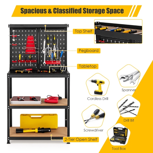 Costway Tool Storage Workbench 4 Shelf Multipurpose Garage Worktable w/Peg Board Hook Kit