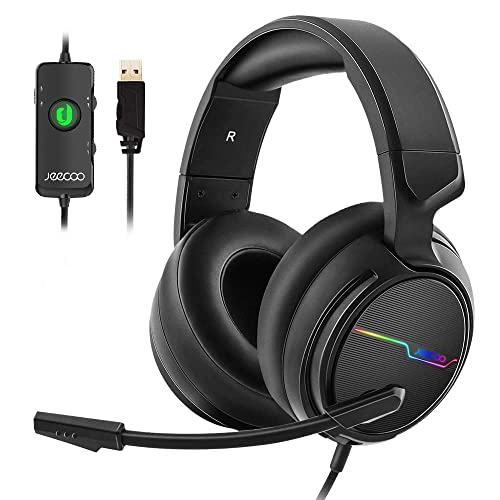 USB Pro Gaming Headset for PC 7.1 Surround Sound Headphones with Noise Cancelling MicrophoneMemory Foam Ear Pads RGB Lights for Laptops
