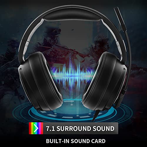 USB Pro Gaming Headset for PC 7.1 Surround Sound Headphones with Noise Cancelling MicrophoneMemory Foam Ear Pads RGB Lights for Laptops