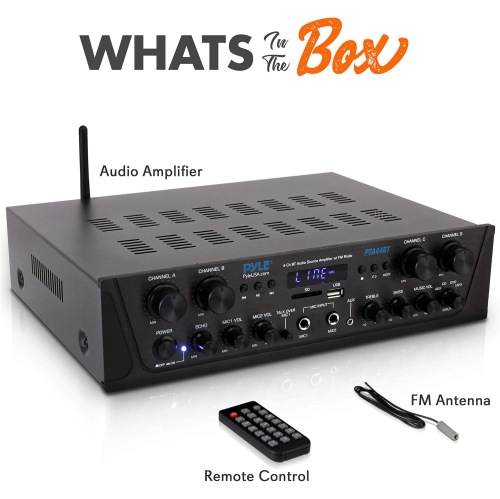 Pyle 500W Karaoke Wireless Bluetooth Amplifier - 4 Channel Stereo Audio Home Theater Speaker Sound Power Receiver w/AUX in, FM, RCA Subwoofer