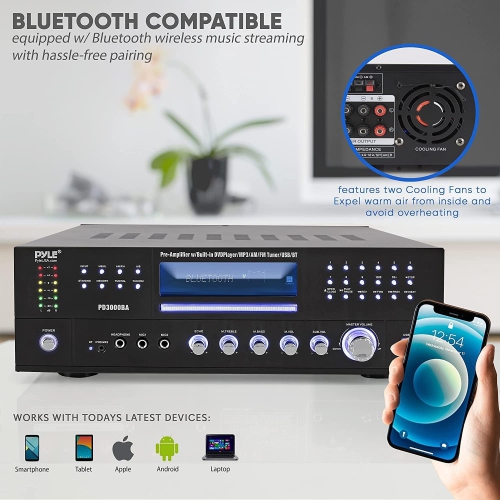 Amplificateur sans fil Bluetooth 4 canaux de Pyle - Récepteur audio stéréo de crête de 3000 W avec radio FM, USB, 2 microphones avec écho, HDMI et
