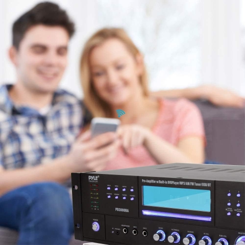 Amplificateur sans fil Bluetooth 4 canaux de Pyle - Récepteur audio stéréo de crête de 3000 W avec radio FM, USB, 2 microphones avec écho, HDMI et