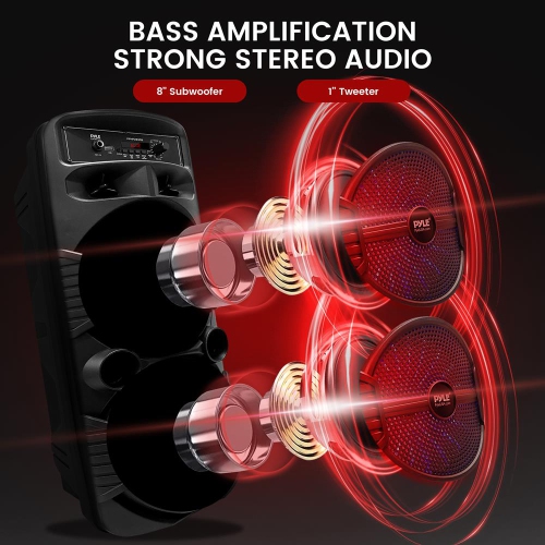 Dual 8’’ Bluetooth Portable PA Speaker - Portable PA & Karaoke Party Audio Speaker with Built-in Rechargeable Battery, Flashing Party Lights,