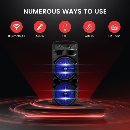 Dual 8’’ Bluetooth Portable PA Speaker - Portable PA & Karaoke Party Audio Speaker with Built-in Rechargeable Battery, Flashing Party Lights,